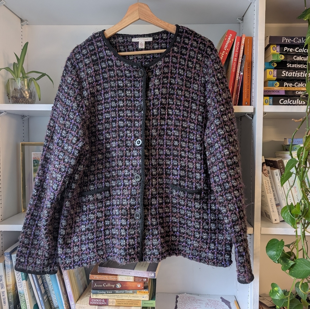 Women's Knit Cardigan Oversized Purple Black Size XL Twee Cottagecore Grandma